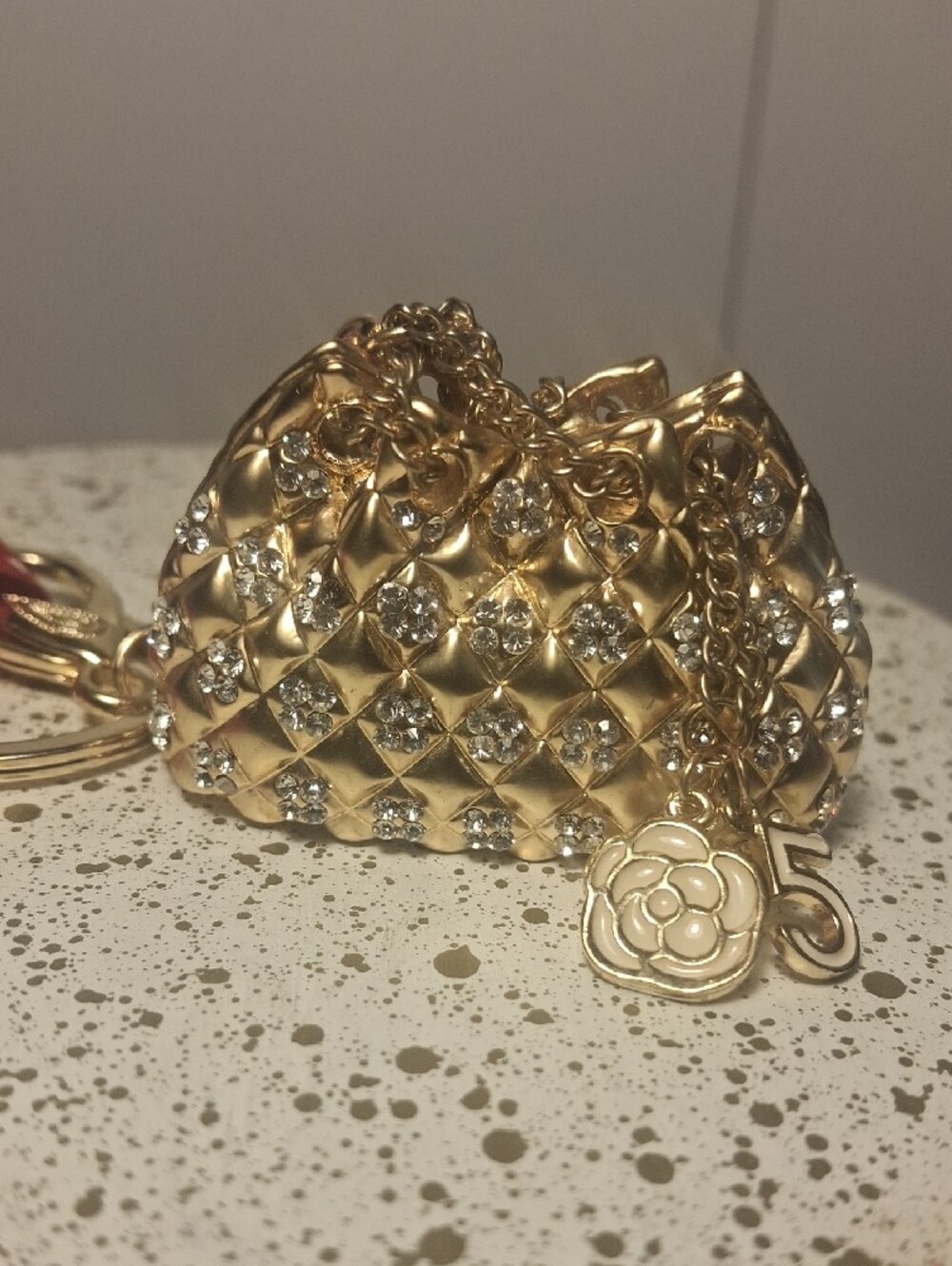 Gold Quilted Chanel Like Crystal Purse Keychain/Charm with Polka Dot Strap